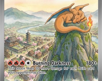 Puede incluir: Una carta coleccionable Pokémon Charizard ex. La carta muestra un Charizard naranja sobre una montaña, con un pueblo y un río de fondo. El texto "Burning Darkness" y "HP 330" es visible.