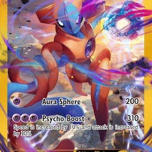 May include: A Deoxys EX Pokémon card with a gold background. The card features a blue and orange creature with purple energy effects. Text includes "Aura Sphere", "Psycho Boost", and "HP 360".