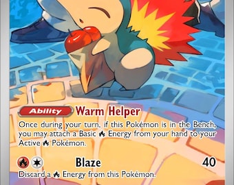 Könnte beinhalten: Eine Pokémon-Sammelkarte mit Cyndaquil, einem kleinen, orange-blauen Wesen mit feurigem Rücken. Die Karte enthält Text mit Fähigkeiten und Angriffen, mit 70 KP. Die Karte stammt aus der SV-Serie.