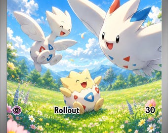 Op de afbeelding: Een Togepi ex ruilkaart met een gele Togepi en twee witte Togetic die vliegen boven een zonnige, bloemrijke weide. De kaart toont de tekst Togepi ex, 80 HP, de aanval Rollout met 30 schade en de Pokémon ex-regel onderaan de kaart.