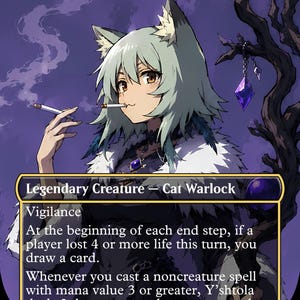 May include: A collectible trading card featuring an anime-style cat warlock character with light green hair, holding a cigarette. The card text reads Yaniko Satou, Chainsmoker Cat, Y'shtola, Night's Blessed, Legendary Creature, Cat Warlock, 2/4.