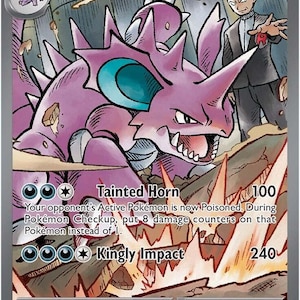 May include: A Team Rocket's Nidoking ex Pokémon trading card. The card features a purple Nidoking with a menacing expression, a man in a suit, and text describing attacks and game mechanics. The card has a HP of 330.