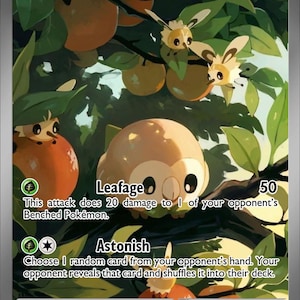 May include: A Pokémon trading card featuring Rowlet ex with a HP of 210. The card has a green and orange color scheme with the text "Leafage" and "Astonish". The background shows a forest scene with orange fruits and green leaves.
