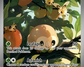 Puede incluir: Una carta de juego de Pokémon con Rowlet ex, con 210 PS. La carta tiene una combinación de colores verde y naranja con los textos "Leafage" y "Astonish". El fondo muestra una escena de bosque con naranjas y hojas verdes.