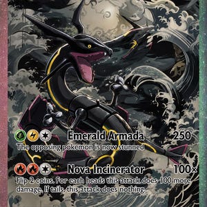 Könnte beinhalten: Eine Rayquaza ex Sammelkarte mit einem schwarzen, drachenähnlichen Wesen mit gelben Markierungen vor einem Hintergrund aus dunklen, wirbelnden Wellen. Die Karte zeigt 250 KP sowie die Attacken Emerald Armada und Nova Incinerator.