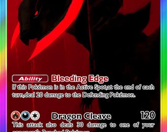 May include: A Pokémon trading card featuring a dark silhouette of a dragon-like creature with red accents. The card has the text "Haxorus ex" and "HP 170". It also includes the abilities "Bleeding Edge" and "Dragon Cleave".