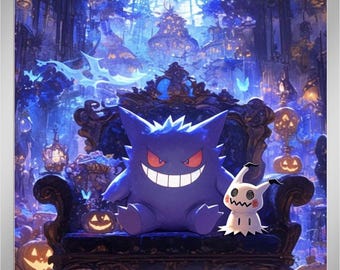 May include: A Pokémon trading card featuring Gengar, a purple ghost-type character, seated on a throne with a smaller white ghost. The card has a dark, detailed background and text that reads "Gengar" and "320 HP".