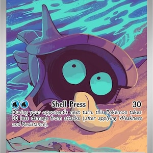 May include: A Pokémon trading card featuring Shellder, a purple and blue creature with a spiky shell. The card has the text "Shell Press" and "70 HP". The background is a stylized ocean scene.