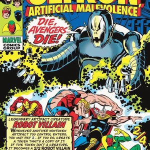 May include: A collectible trading card featuring a comic book cover titled Ultron Artificial Malevolence. The artwork depicts a metallic robot villain looming over superheroes including Thor and Vision, with text reading Die, Avengers Die.