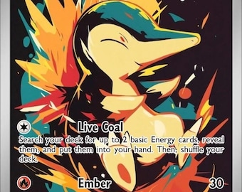 Könnte beinhalten: Eine Cyndaquil Pokémon-Sammelkarte mit einer stilisierten Illustration. Die Karte zeigt ein gelbes und blaugrünes Wesen mit orangefarbenen und gelben Akzenten. Der Text enthält "Cyndaquil", "Live Coal" und "Ember". Die Karte hat 70 KP.