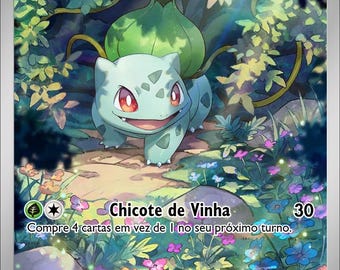 Puede incluir: Una carta coleccionable de Bulbasaur que muestra al personaje en un entorno forestal exuberante y colorido con flores. La carta muestra el nombre Bulbasaur, 30 HP, un símbolo de energía planta, el ataque Chicote de Vinha y estadísticas.