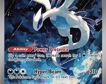 Peut inclure: Carte de collection Pokémon avec Lugia EX, créature blanche et bleue sur fond orageux. Texte décrivant les capacités et attaques, avec 240 PV et une attaque Hyper Beam. Illustration XTREME.