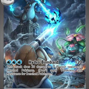 Könnte beinhalten: Eine Pokémon-Sammelkarte von Mega Blastoise EX. Die Karte zeigt ein blaues Blastoise mit Kanone und ein Charizard. Der Text "Hydro Bombard" und "Dieser Angriff fügt 30 Schaden 2 Pokémon auf der Bank deines Gegners zu" ist zu sehen.