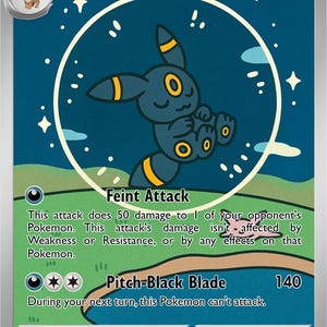 May include: Umbreon Pokémon trading card featuring a dark blue creature with yellow accents inside a white circle. The card has a blue background with white stars and text describing attacks and abilities. The card is a Stage 1 evolution.