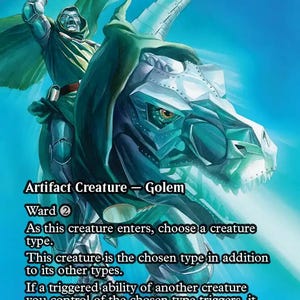 May include: A collectible trading card titled Doom Variant Roaming Throne featuring a metallic armored figure riding a mechanical dinosaur against a bright blue background. The card text includes Artifact Creature Golem, Ward 2, and game rules.