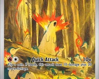 May include: A Cyndaquil Pokémon trading card with a forest background. The card features a yellow and orange creature with flames, the text "Quick Attack", and the HP is 50. The card also has the text "Cyndaquil".