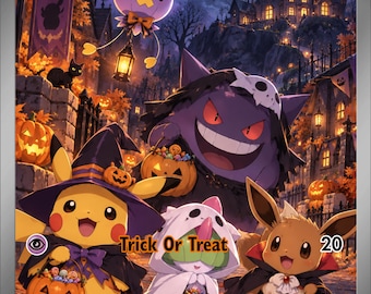 May include: A Ralts ex trading card featuring a Halloween scene with Pikachu, Gengar, and Eevee wearing costumes and holding jack-o'-lantern candy buckets. The background shows a spooky mansion under a full moon with bats and autumn trees.
