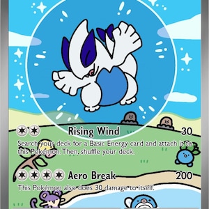 May include: A Pokémon Lugia ex trading card. The card features a white and blue illustration of Lugia, a large bird-like creature, set against a blue background. The card has a HP of 230 and includes attack descriptions and game text.