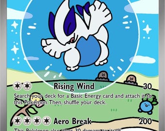 Peut inclure: Une carte à collectionner Pokémon Lugia ex. La carte présente une illustration blanche et bleue de Lugia, une grande créature aviaire, sur un fond bleu. La carte a 230 HP et comprend des descriptions d'attaque et du texte de jeu.