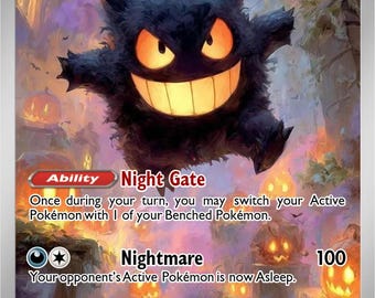 May include: A Pokémon trading card featuring Gengar, a dark purple creature with a wide grin and glowing orange eyes. The card includes the text "Night Gate" and "Nightmare", with a HP of 130. The background shows a spooky Halloween scene.