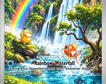 May include: A Psyduck trading card featuring a yellow duck-like creature on a rock, a jumping orange Magikarp, and a blue fish in a river. A large waterfall flows in the background under a vibrant rainbow. Text includes Psyduck, 300 HP, Rainbow Waterfall, and game rules.