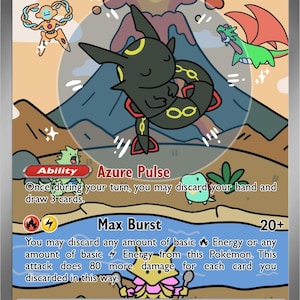 May include: A Pokémon trading card featuring Rayquaza ex. The card has a black and yellow creature with a mountain and other Pokémon in the background. The card text includes "Azure Pulse" and "Max Burst".