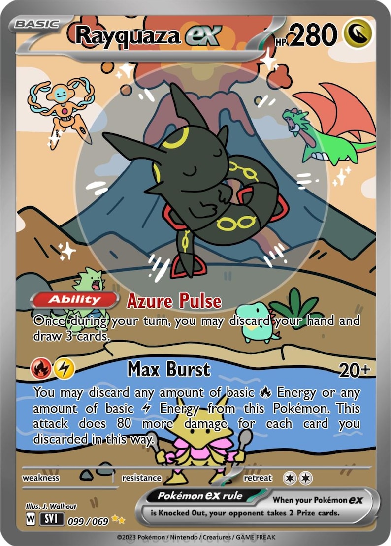 May include: A Pok&eacute;mon trading card featuring Rayquaza ex. The card has a black and yellow creature with a mountain and other Pok&eacute;mon in the background. The card text includes "Azure Pulse" and "Max Burst".