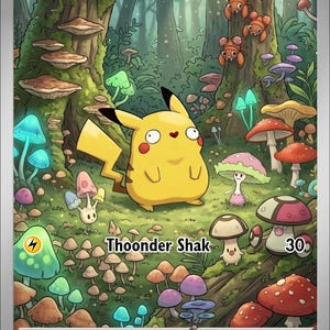 May include: A trading card featuring a yellow Pikachu character with wide eyes and a heart-shaped nose standing in a forest filled with colorful mushrooms. The text reads Derp Pikachu, HP 60, Thoonder Shak 30, and a description about eating mushrooms.