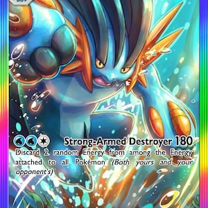 May include: A Mega Swampert EX Pokémon trading card. The card features a blue and orange aquatic creature with the text "Strong-Armed Destroyer 180". The card has a rainbow border and the text "Mega Evolution EX rule".