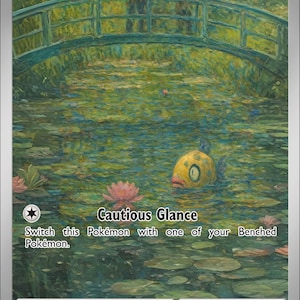 Puede incluir: Carta Pokémon Feebas con una pintura de un estanque con un puente y un pez amarillo. La tarjeta incluye el texto "Cautious Glance" y otros detalles del juego. La obra de arte se asemeja a una pintura de Monet.