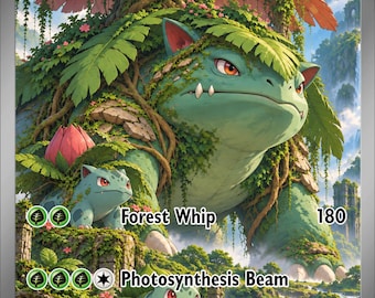 Puede incluir: Una carta coleccionable que muestra a Ancient Venusaur ex con 380 HP, con una gran criatura verde con una flor gigante en la espalda, dos criaturas más pequeñas y el texto Forest Whip y Photosynthesis Beam sobre un fondo de selva.