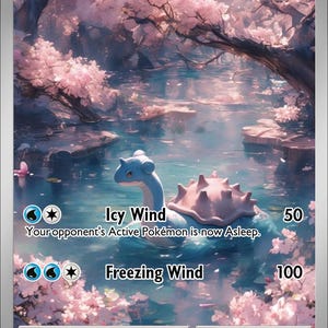 May include: A Lapras trading card featuring a blue creature with a pink shell swimming in a pond surrounded by pink cherry blossom trees. The card displays 130 HP, the attacks Icy Wind and Freezing Wind, and text describing the creature's behavior.
