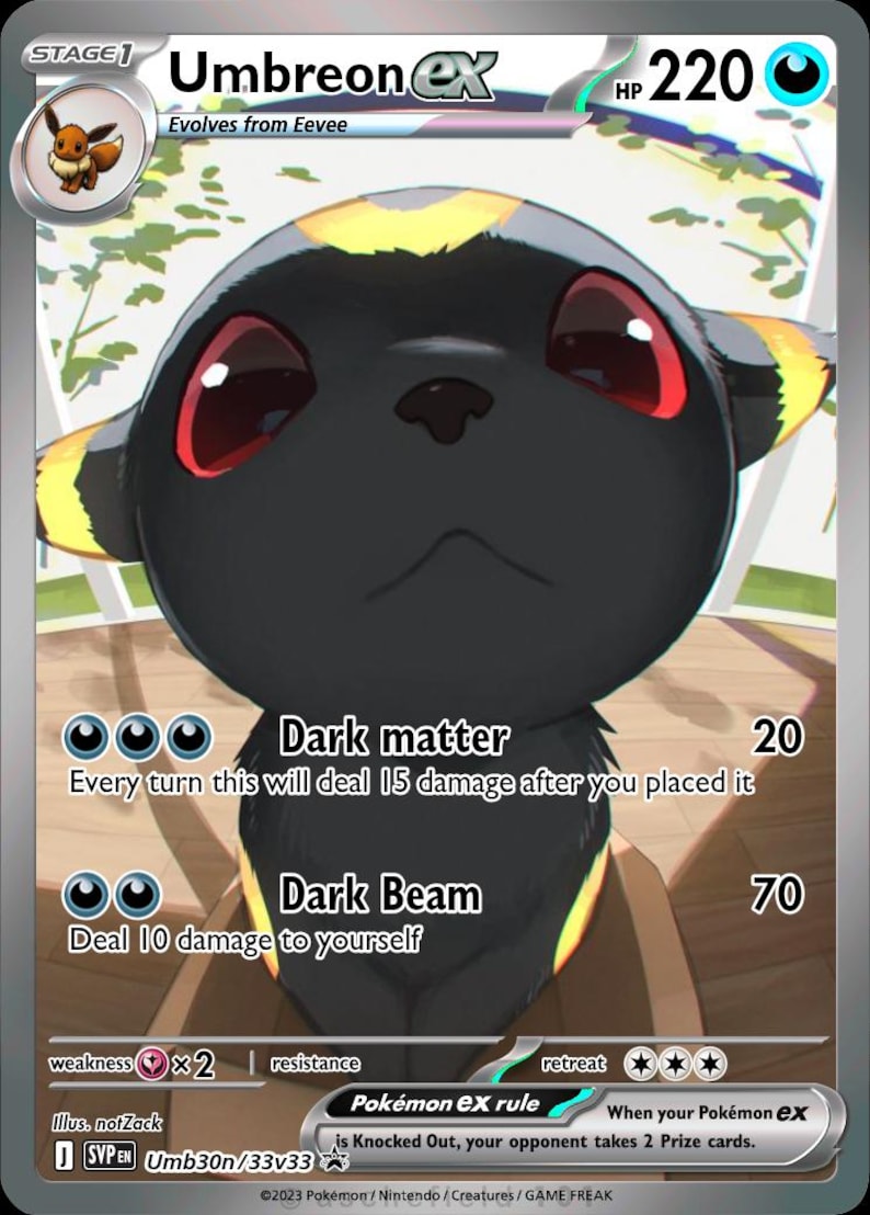 May include: Umbreon ex Pok&eacute;mon card featuring a black creature with red eyes and yellow accents. The card displays the text "Dark matter" and "Dark Beam", along with the HP of 220. The card is a Stage 1 evolution from Eevee.