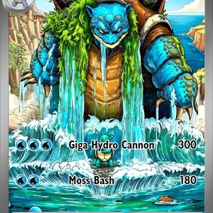 May include: A trading card featuring Ancient Blastoise ex with 600 HP. The blue turtle creature is covered in green moss and surrounded by cascading water. It displays the attacks Giga Hydro Cannon and Moss Bash, along with game rules and symbols.
