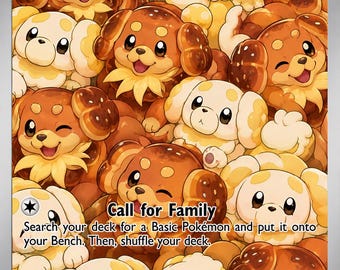 Puede incluir: Una carta coleccionable con los personajes Dachsbun y Fidough con 50 HP. La carta muestra un patrón de criaturas parecidas a perros de color marrón y crema. El texto incluye 'Dachsbun & Fidough', 'Call for Family' y una descripción de la habilidad.