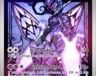 May include: A Ceruledge Pokémon trading card featuring a purple and white character with glowing swords. The card has the text "Ceruledge" and "Life Sucker" and "Fighting Sword" with attack values. The background is a stained-glass design.