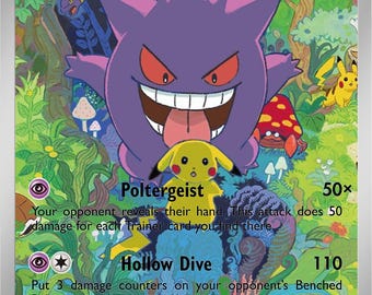 May include: A Pokémon trading card featuring Gengar, a purple ghost-type character with a wide grin and red eyes. The card includes attack descriptions, a Pikachu, and a forest background. The card is labeled "193/151".
