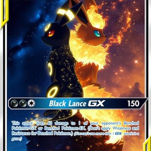 May include: A trading card featuring Umbreon and Flareon as a Tag Team with 260 HP. The card displays the Black Lance GX attack, a weakness to fighting types, resistance to psychic types, and a retreat cost of two colorless energy symbols.