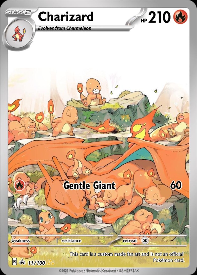 Puede incluir: Una carta coleccionable de Charizard que muestra a un gran drag&oacute;n naranja durmiendo rodeado de varias peque&ntilde;as criaturas Charmander naranjas. La carta muestra el texto Charizard, HP 210, Gentle Giant, 60 y una nota de que es fan art personalizado.