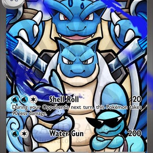 May include: A Pokémon trading card featuring Mega Blastoise EX. The card showcases a blue Blastoise with a determined expression, surrounded by water effects. Text includes "Shell Roll" and "Water Gun" abilities, and the card is a Stage 2 evolution.
