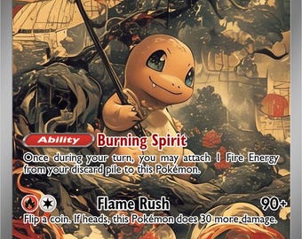 May include: A Pokémon trading card featuring Charmander ex. The card has a detailed illustration of Charmander holding an umbrella. The card includes text such as "Burning Spirit" and "Flame Rush". The card is numbered 004/1025.