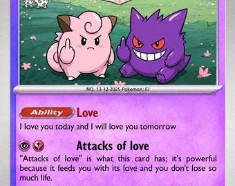 May include: A purple trading card featuring Gengar and Clefairy in the foreground, both gesturing with middle fingers. The background shows a picnic scene with various creatures. Text includes Gengar & Clefairy, 110 HP, Ability Love, and Attacks of love.