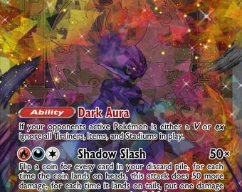 May include: A holographic Ceruledge ex Pokémon trading card. The card features a purple and black character with a fiery background. Text includes "Ceruledge ex", "Dark Aura", and "Shadow Slash". The card has a HP of 240.