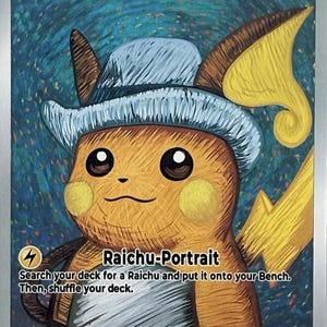 May include: A Pokémon trading card featuring Raichu wearing a grey felt hat. The card has a portrait of Raichu with a yellow and brown color scheme. The card text includes "Raichu with Grey Felt Hat" and "Raichu-Portrait".