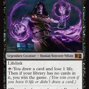 May include: A collectible trading card titled Doctor Doom, Unrivaled, featuring a hooded figure in a dark cloak with metallic armor, surrounded by swirling purple magical energy. The card text includes game rules, a 4/4 power rating, and Marvel branding.