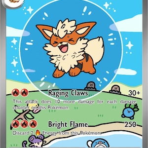 May include: A Pokémon trading card featuring Arcanine EX. The card has a blue background with a cartoon illustration of Arcanine. The card includes text such as "Raging Claws" and "Bright Flame".