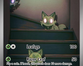 Peut inclure: Carte de jeu Pokémon Sprigatito ex, représentant une créature verte ressemblant à un chat sur un escalier. La carte affiche "Sprigatito ex", "Leafage" et "Razor Leaf". Elle indique également 200 PV.