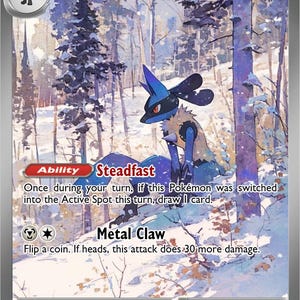 May include: Lucario ex Pokémon card featuring a blue and tan creature in a snowy forest scene. The card has the text "Lucario ex" and "Metal Claw". The card is part of the Pokémon EX rule set.
