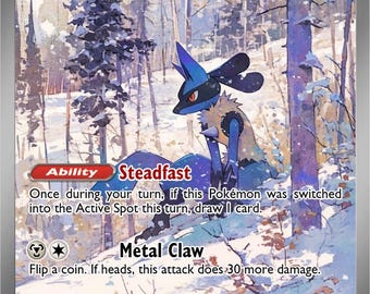 May include: Lucario ex Pokémon card featuring a blue and tan creature in a snowy forest scene. The card has the text "Lucario ex" and "Metal Claw". The card is part of the Pokémon EX rule set.