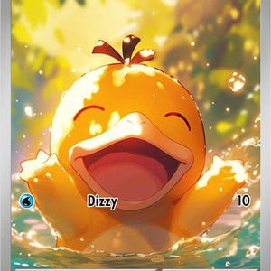 May include: A Psyduck trading card featuring a yellow, duck-like creature with a wide, open beak and closed eyes, splashing in water. The card displays the name Psyduck, 70 HP, a water energy symbol, the attack Dizzy, and the number 168/149.